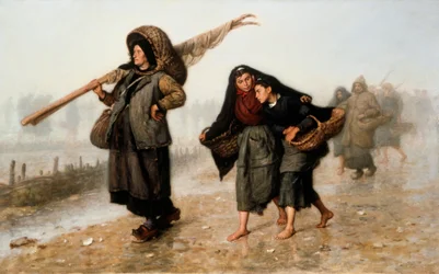 A kagylógyűjtők. Mezítláb vagy papucsban járó parasztasszonyok, akik kagylókkal teli kosarakkal térnek haza, és védekeznek az eső ellen. Jacques Eugene Feyen (1815-1908) festménye. Olaj, vászon. Magángyűjtemény.