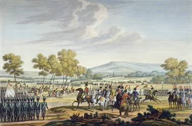 A birodalmi gárda manőverezése a két császár jelenlétében Tilsitben, 1807. június 28., vésette Edme Bovinet (1767-1832) (akvatinta)