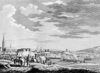 A francia forradalom háborúja és forradalomellenes mozgalmak: Francia győzelme a Dunkerque melletti Hondschoote-i csatában a brit és osztrák forradalomellenes csapatok ellen 1793-ban. Berthaut metszete Swebach nyomán. Párizs, az Intézet könyvtára