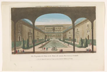 Kilátás a granadai Alhambra szökőkútjaival rendelkező udvarra Les bains des enciens rois Mores, egy gránát (cím a tárgyon)