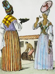 Virágüzletek Santo Domingoban, színes metszet Labrousse rajzából (aktív 1796), az Encyclopedie des Voyagesből, Jacques Grasset de Saint-Sauveur (1757-1810)