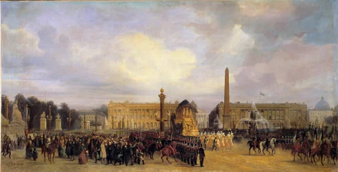 I. Napóleon (1769-1821) hamvainak visszatérése Párizsban 1840.12.15: a kortézs átkel a Place de la Concorde-on Jacques Guiaud (1811-1876) festménye 1841 V. 1,05x2,17 m.