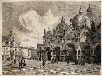 A tér és a Szent Márk (Szent Márk) temploma, Jacques Guiaud (1810-1876) rajza, Adalbert de Beaumont 1850 körüli velencei útja szemléltetésére. Metszet a „Le tour du monde”-ban, szerkesztette Edouard Charton