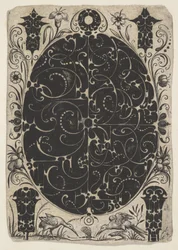 Schweifwerkkel díszített ovális tok két változatban, kisebb motívumokkal körülvéve..., kb. 1614-19.