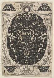 Ovális medál Schweifwerkkel díszítve, kisebb motívumokkal és koronás b..., kb. 1614-19.