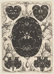 Ovális medál Schweifwerkkel díszítve, kisebb motívumokkal és négy madárral körülvéve, kb. 1614-19.