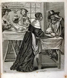 17. századi metszett illusztráció egy közmondásgyűjteményből. Párizs 1657-1663. Szerző: Jacques Lagniet (1620-1675). Francia metsző. Tőle származik számos társadalomkritikus metszet és gúnykép, mint például az olykor groteszk és fantasztikus illusztrációi.