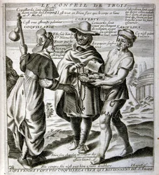 17. századi metszett illusztráció egy közmondásgyűjteményből. Párizs 1657-1663. Szerző: Jacques Lagniet (1620-1675). Francia metsző. Tőle származik számos társadalomkritikus metszet és gúnykép, mint például az olykor groteszk és fantasztikus illusztrációi.