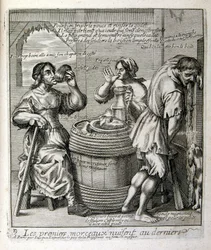 17. századi metszett illusztráció egy közmondásgyűjteményből. Párizs 1657-1663. Szerző: Jacques Lagniet (1620-1675). Francia metsző. Tőle származik számos társadalomkritikus metszet és gúnykép, mint például az olykor groteszk és fantasztikus illusztrációi.