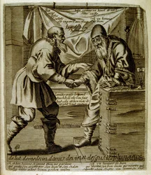 17. századi metszett illusztráció egy közmondásgyűjteményből. Párizs 1657-1663. Szerző: Jacques Lagniet (1620-1675). Francia metsző. Tőle származik számos társadalomkritikus metszet és gúnykép, mint például az olykor groteszk és fantasztikus illusztrációi.