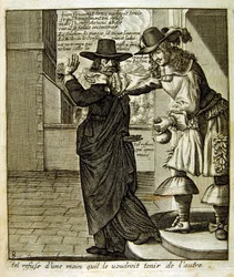 17. századi metszett illusztráció egy közmondásgyűjteményből. Párizs 1657-1663. Szerző: Jacques Lagniet (1620-1675). Francia metsző. Tőle származik számos társadalomkritikus metszet és gúnykép, mint például az olykor groteszk és fantasztikus illusztrációi.