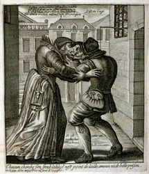 17. századi metszett illusztráció egy közmondásgyűjteményből. Párizs 1657-1663. Szerző: Jacques Lagniet (1620-1675). Francia metsző. Tőle származik számos társadalomkritikus metszet és gúnykép, mint például az olykor groteszk és fantasztikus illusztrációi.