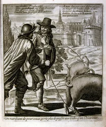 17. századi metszett illusztráció egy közmondásgyűjteményből. Párizs 1657-1663. Szerző: Jacques Lagniet (1620-1675). Francia metsző. Tőle származik számos társadalomkritikus metszet és gúnykép, mint például az olykor groteszk és fantasztikus illusztrációi.