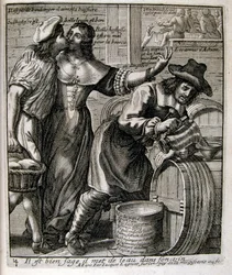 17. századi metszett illusztráció egy közmondásgyűjteményből. Párizs 1657-1663. Szerző: Jacques Lagniet (1620-1675). Francia metsző. Tőle származik számos társadalomkritikus metszet és gúnykép, mint például az olykor groteszk és fantasztikus illusztrációi.