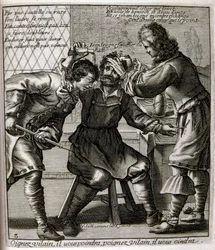 17. századi metszett illusztráció egy közmondásgyűjteményből. Párizs 1657-1663. Szerző: Jacques Lagniet (1620-1675). Francia metsző. Tőle származik számos társadalomkritikus metszet és gúnykép, mint például az olykor groteszk és fantasztikus illusztrációi.