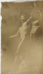 Egy állványban álló férfi akt modell tanulmányozása alulról Jacques de Lalaing stúdiójában
