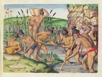 Hogyan gyűjtenek az indiánok aranyat a patakokból, a Brevis Narratio.. című műből, Theodore de Bry (1528-98) metszete, Frankfurtban kiadva, 1591