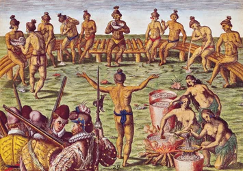 Theodore de Bry (1528-88) 1563-ban vésett „Brevis Narratio…”-ból, hogyan döntöttek Florida lakói fontos kérdésekben