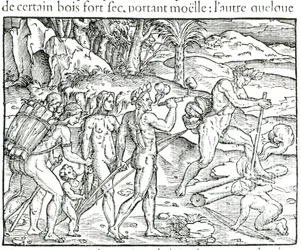 Vadászat után tüzet gyújtó indián, Theodor de Bry (1525-75) metszete