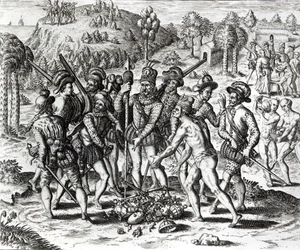 A spanyolok, akik ajándékot kapnak az indiánoktól, a "History"-ból, 1598, metszett Theodor de Bry (1528-98)