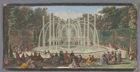 Kilátás a Bosquet des Trois Fontaines-re a Versailles-i kertben Les Trois Fontaines (cím a tárgyon)
