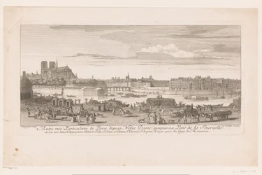 Gezicht op Parijs van de Notre Dame tot de la Tournelle Párizs kilátása a Notre-Dame-tól a Pont de la Tournelle-ig (...) a Quai de Miramionról (cím a tárgyon)