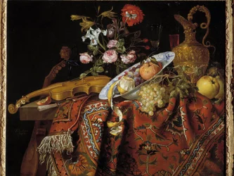 Csendélet hegedűvel és akvamarinnal Jacques Samuel Bernard (1615-1687) festménye