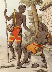 Férfi és nő a Palau-szigetekről, 1805 (színes metszet)