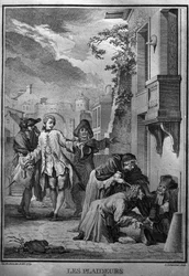 Les Plaideurs Jacques de Seve illusztrációja Jean Racine (1639-1699) francia tragikus költő műveihez. 1760-as metszet.