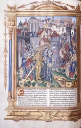 Kivilágított kézirat, amely egy királyt és seregét ábrázolja egy város előtt, 1503-04