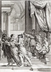 Jehoiada, Jeruzsálem főpapja, aki Joás herceget kikiáltja Júda királyává, jelenet Jean Racine (1639-99) Athalie című művéből, Jean-Jacques Flipart (1719-82) metszetében