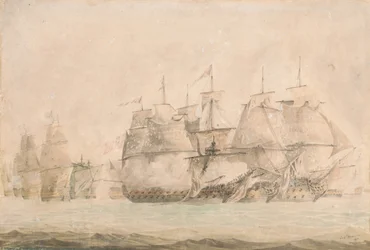 A St. Vincent-i csata, Nelson a "Kapitány" fedélzetén 1797. február 14-én a két csatahajó partraszállása és elfoglalása.
