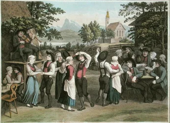 Osztrák falutánc, illusztráció Alexandre de Laborde „Voyage Pittoresque en Austria” című művéből, 1821-ben Párizsban (színes metszet)