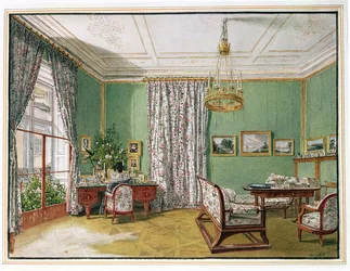 Hölgy íróasztalánál egy biedermeier szalonban, kb. 1821