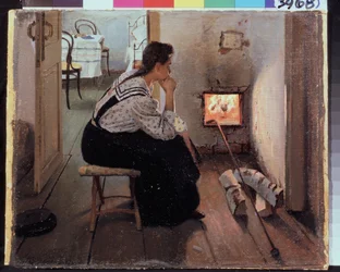 ""Gondolatok a tűzhelynél"" (Gondolatok a kályhánál) Egy fiatal nő töprengve ül a tűz előtt. Jakov Kalinichenko (1869-1938) festménye 1897 Állami Regionális I. Pozhalostin Művészeti Múzeum, Ryasan