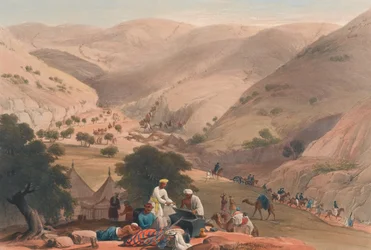 „The Third Descent of the Koojah [sic] Pass”, 1839 körül (kőnyomat, színezett)