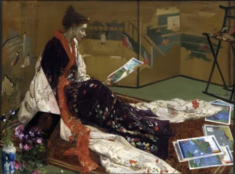""Caprice bíborban és aranyban: az arany paraván"" Fiatal nő, japán stílusban, kimonóba öltözve, nyomatokat néz - (japánizmus) James Abbott McNeill Whistler (1834-1903) festménye, 1864 Freer Gallery of Art, Washington, Egyesült Államok