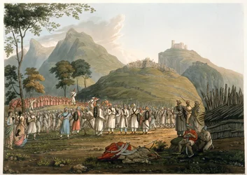 Gurkhák összeállítása a „Kilátások a Himala-hegységben” című könyvből, Robert Havell & Son metszetében, 1820-ban (színes metszet)