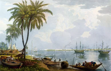Kalkutta kilátása, a Kidderpore-val szemközti pontról, 1837, vésette Robert Havell ifjabb (1793-1878) (akvatinta)