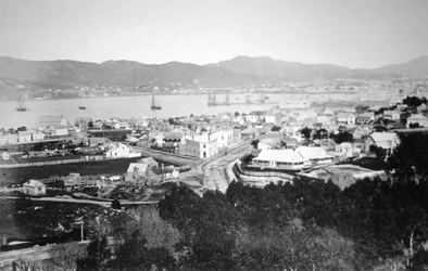 Lambton Harbor és Queens Wharf, Wellington, Új-Zéland, 1870