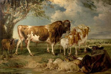 Bika, tehén és borjú egy tájban, 1837