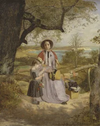 Anya és gyermeke egy Stile mellett, Culver Cliff-el, Wight-szigeten, a távolban, 1849-50 körül (olaj a panelen)