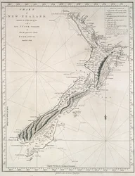 Új-Zéland térképe, amelyet 1769-ben és 1770-ben J. Cook hadnagy, Őfelsége Endeavour nevű hajójának parancsnoka fedezett fel.