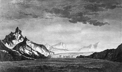 A birtok-öböl tája a Dél-Georgia szigeten, illusztráció a Déli-sark felé vezető utazásból és a Kerek világból, James Cook (1728-1779), kiadása 1778-ban Párizsban jelent meg