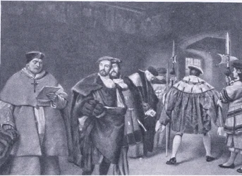 Wolsey bíboros elbocsátása VIII. Henrik király által, a Cassells History of the British People című könyvéből, amelyet a Waverley Book Company adott ki, az 1950-es évek körül