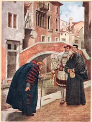 „Elfojtott lélegzettel és suttogó alázattal”, illusztráció a „Velencei kereskedő” című könyvből, 1910 körül