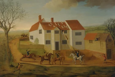 John Sidey és kopói egy farmházban Hadleigh közelében, Suffolk államban