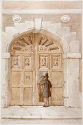 Kilátás az 1631-ből származó fakapukra, a Lime Street 46. szám alatt, 1855