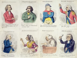 8 ékesszólást ábrázoló matrica, Hannah Humphrey 1795-ben (kézzel színezett rézkarc)