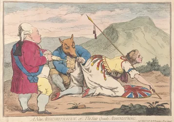 A New Administration vagy a The State Quacks Administring, pub. 1783 (kézzel színezett metszet)